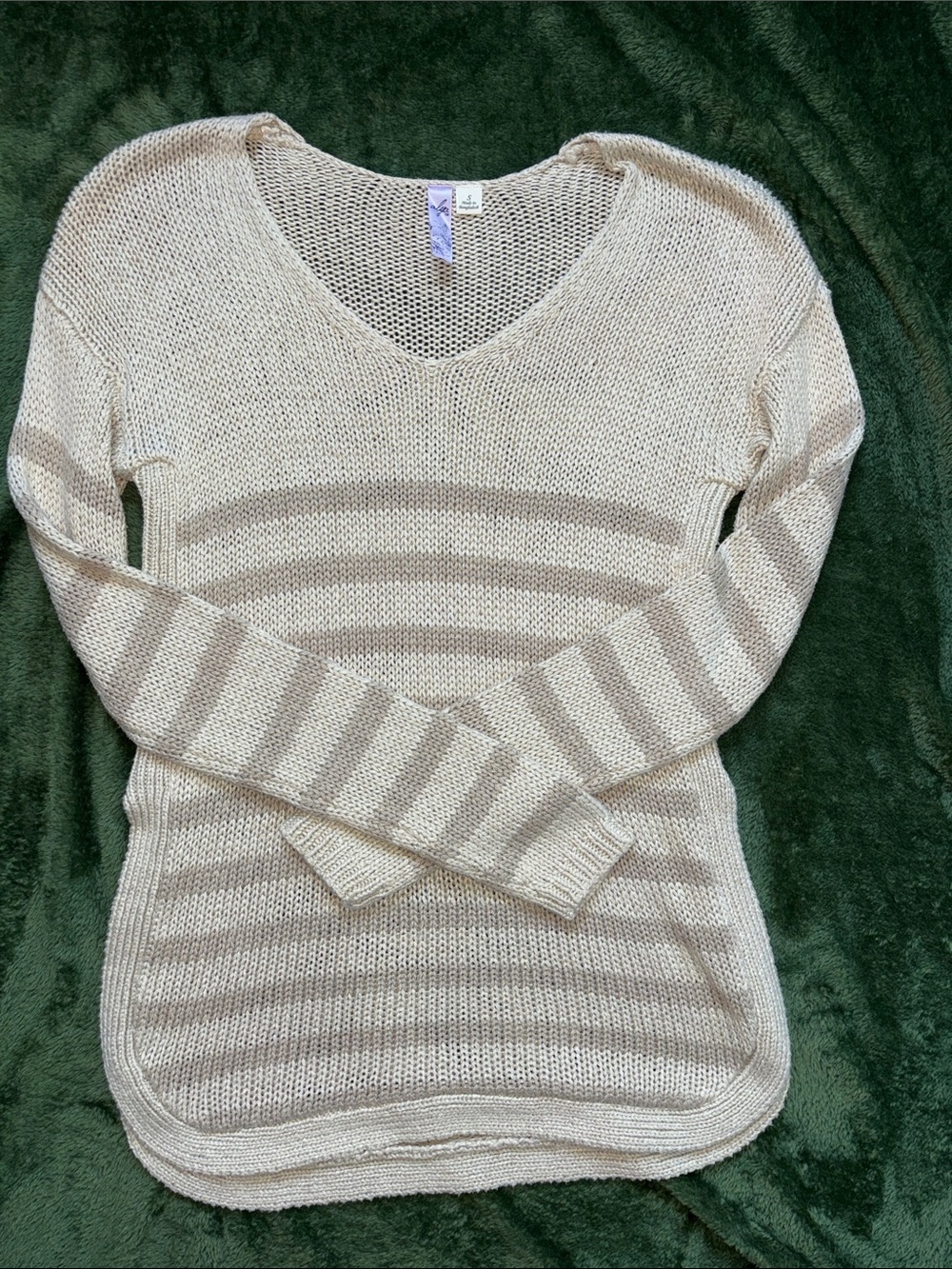 Alya Cream and Light Taupe Striped V-Neck Sweater